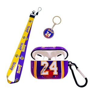 purple laker with basketball sports brand style airpod pro case lanyard keychain, unique process tpu soft airpod pro case cover. suitable for fans boys girls teens,basketball no.24