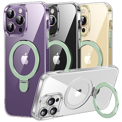 CATiabax for iPhone 14 Pro Case with Magnetic Invisible Stand [Military Drop Protection] [Compatible with MagSafe] Shockproof Transparent Phone Cases for Men Women 6.1 Inch, Clear+Green