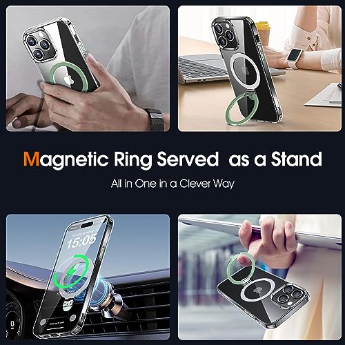 CATiabax for iPhone 14 Pro Case with Magnetic Invisible Stand [Military Drop Protection] [Compatible with MagSafe] Shockproof Transparent Phone Cases for Men Women 6.1 Inch, Clear+Green