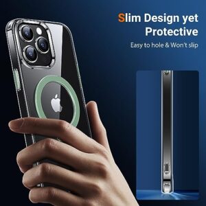 CATiabax for iPhone 14 Pro Case with Magnetic Invisible Stand [Military Drop Protection] [Compatible with MagSafe] Shockproof Transparent Phone Cases for Men Women 6.1 Inch, Clear+Green