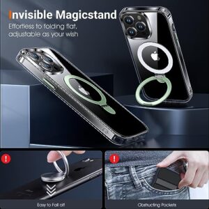 CATiabax for iPhone 14 Pro Case with Magnetic Invisible Stand [Military Drop Protection] [Compatible with MagSafe] Shockproof Transparent Phone Cases for Men Women 6.1 Inch, Clear+Green