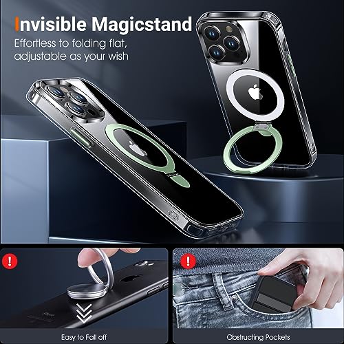 CATiabax for iPhone 14 Pro Case with Magnetic Invisible Stand [Military Drop Protection] [Compatible with MagSafe] Shockproof Transparent Phone Cases for Men Women 6.1 Inch, Clear+Green