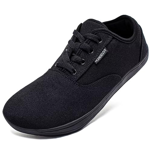 Mens Barefoot Shoes Canvas Wide Toe Box Minimalist Zero Drop Sole Sneakers Minimus Extra Width Fit Gym Tennis Walking Trail Road Running Outdoor Casual Comfort Male Size 10 10W All Black