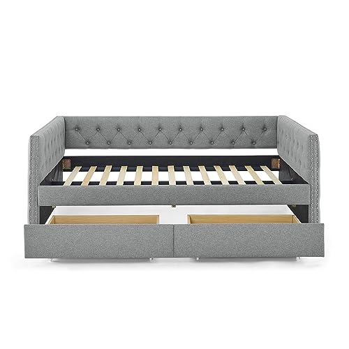 Flieks Full Size Upholstered Daybed with 2 Storage Drawers, Nailhead Trim, Button Tufted Design, Modern Sofa Bed for Living Room, Bedroom, Apartment, Grey