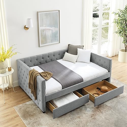 Flieks Full Size Upholstered Daybed with 2 Storage Drawers, Nailhead Trim, Button Tufted Design, Modern Sofa Bed for Living Room, Bedroom, Apartment, Grey