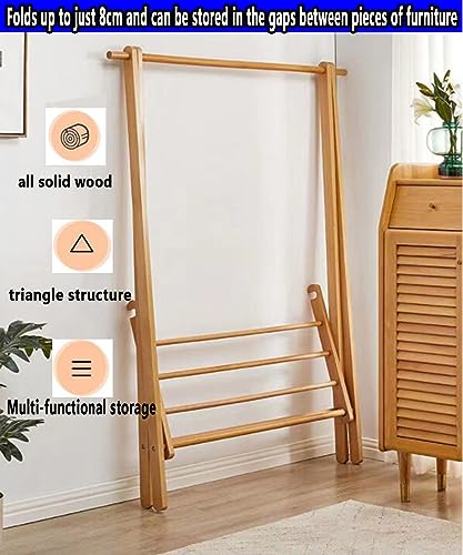 HM&DX Bamboo Folding Clothing Rack,Freestanding Clothes Rack with 2-Tier Storage Shelves,with Anti-tipping Devices Garment RackHeavy Duty Triangular Frame,for Entryway Bedroom laundry drying rack