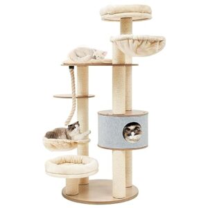 yitahome modern tall cat tree, 66.1 inches wood cat tower heavy duty with condo, 2 basket, scratching post, removable pads, multi level for indoor large cats