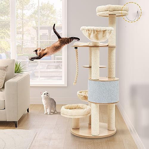 YITAHOME Modern Tall Cat Tree, 66.1 Inches Wood Cat Tower Heavy Duty with Condo, 2 Basket, Scratching Post, Removable Pads, Multi Level for Indoor Large Cats