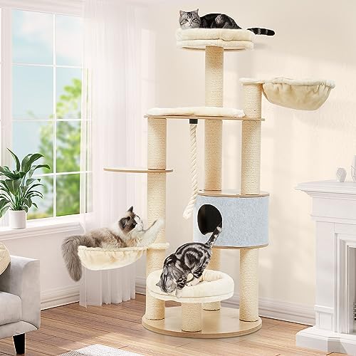 YITAHOME Modern Tall Cat Tree, 66.1 Inches Wood Cat Tower Heavy Duty with Condo, 2 Basket, Scratching Post, Removable Pads, Multi Level for Indoor Large Cats