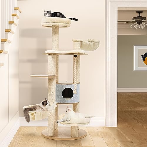 YITAHOME Modern Tall Cat Tree, 66.1 Inches Wood Cat Tower Heavy Duty with Condo, 2 Basket, Scratching Post, Removable Pads, Multi Level for Indoor Large Cats