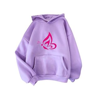 UNSERE Womens Fall Dressy Lovely Butterfly Print Hooded Sweatshirt Fashion Classy Sweet Solid Color Loose Fit Pullover Casual Lightweight Comfy Outdoor Travel Hoodie Sweater(Purple,XX-Large)