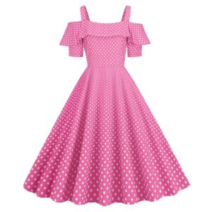 unsere womens trendy off shoulder vintage large swing dress sexy suspender ruffled short sleeve polka dot dresses elegant high-waist 50s retro prom party dress for halloween(pink,xx-large)