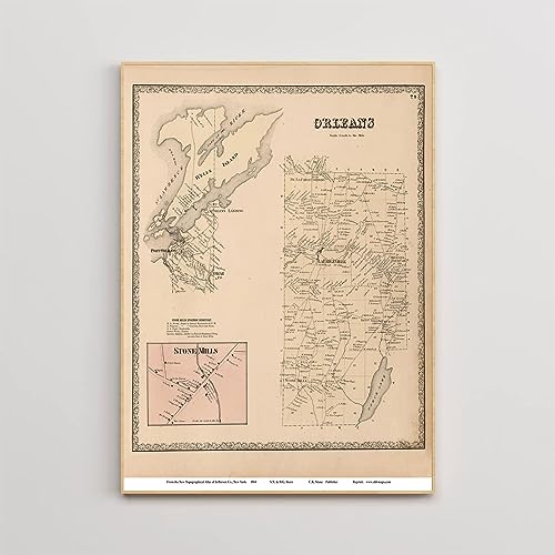 MG Global Historic Map Poster of Orleans 1864 Wells Island Stone Mills Jefferson County New York Genealogy NY | 11x17 12x18 16x24 24x36 Unframed Print Wall Art | Vintage Antique Rustic Decor for Gift