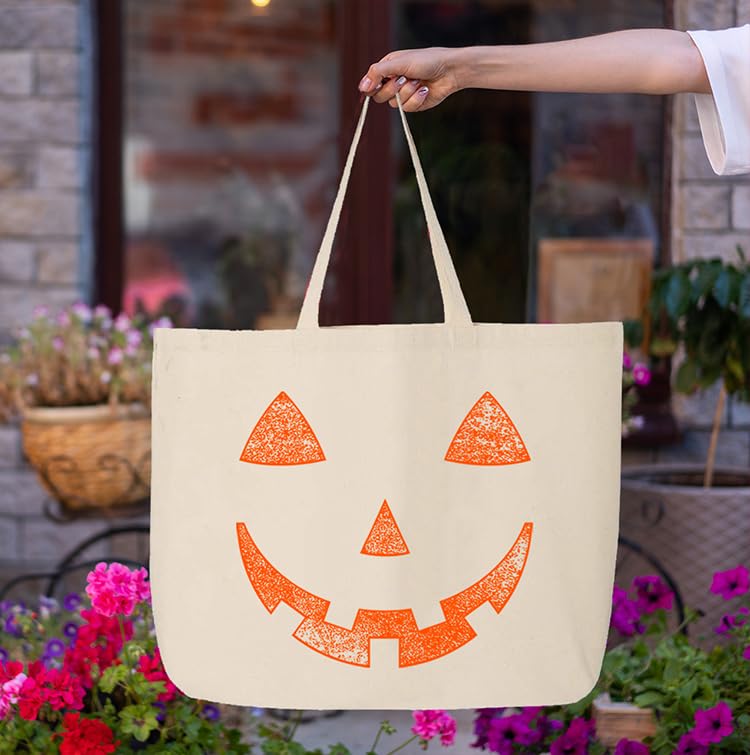 shop4ever Orange Jack O' Lantern Pumpkin Face Halloween Trick or Treat Jumbo Heavy Canvas Tote Reusable Shopping Bag Natural JUMBO 1