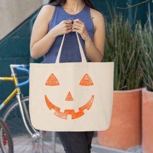 shop4ever Orange Jack O' Lantern Pumpkin Face Halloween Trick or Treat Jumbo Heavy Canvas Tote Reusable Shopping Bag Natural JUMBO 1
