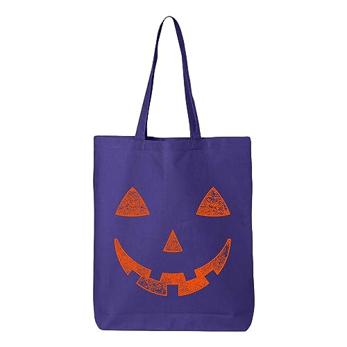 shop4ever Orange Jack O' Lantern Pumpkin Face Halloween Trick or Treat Eco Cotton Tote Reusable Shopping Bag Purple ECO 1