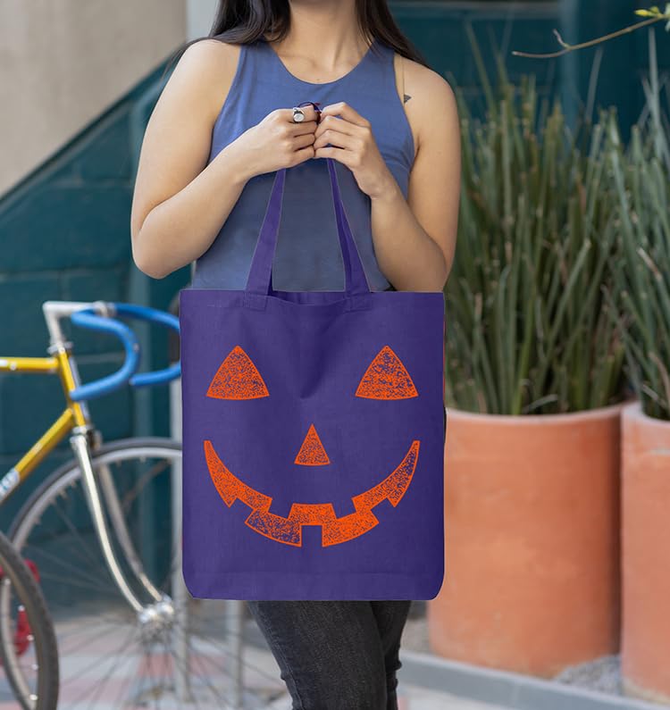 shop4ever Orange Jack O' Lantern Pumpkin Face Halloween Trick or Treat Eco Cotton Tote Reusable Shopping Bag Purple ECO 1