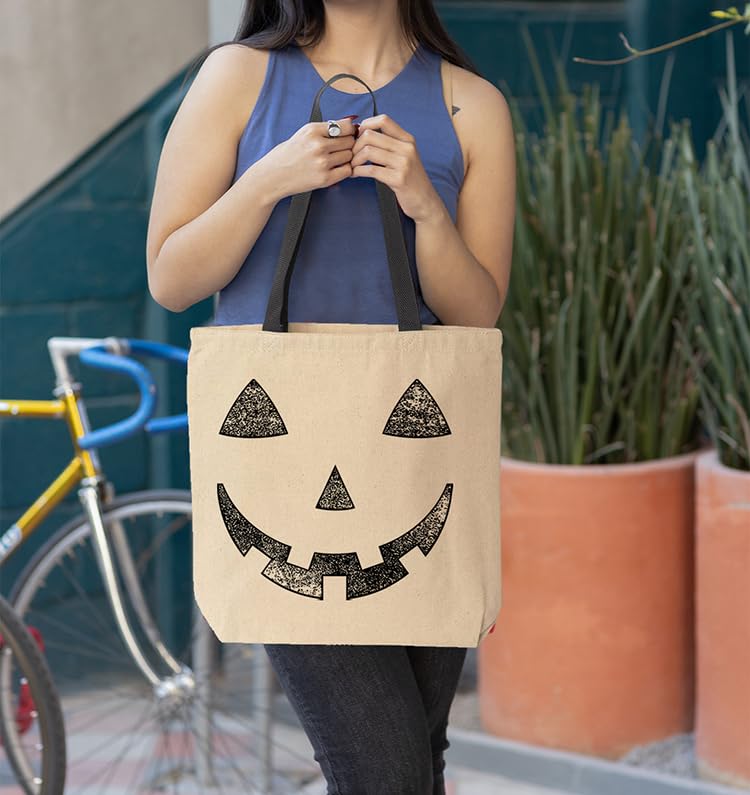 shop4ever Black Jack O' Lantern Pumpkin Face Halloween Trick or Treat Cotton Canvas Tote Reusable Shopping Bag Black HANDLE 1