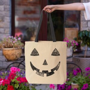 shop4ever Black Jack O' Lantern Pumpkin Face Halloween Trick or Treat Cotton Canvas Tote Reusable Shopping Bag Black HANDLE 1