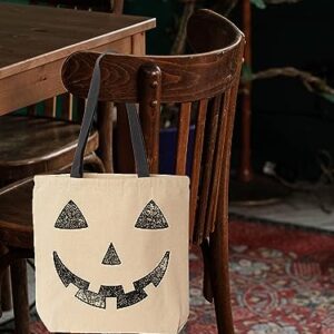 shop4ever Black Jack O' Lantern Pumpkin Face Halloween Trick or Treat Cotton Canvas Tote Reusable Shopping Bag Black HANDLE 1