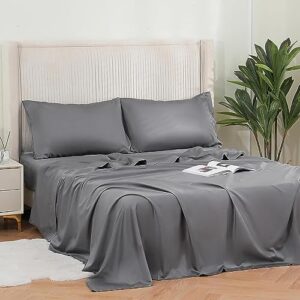 DOWNCOOL Queen Sheet Set - 100% Cotton Sheets for Queen Size Bed, 16" Deep Pocket Queen Sheets, 400 Thread Count Sateen, Silky Soft & Cooling Sheets, 4-Piece Bed Sheets Queen Size, Grey Sheets