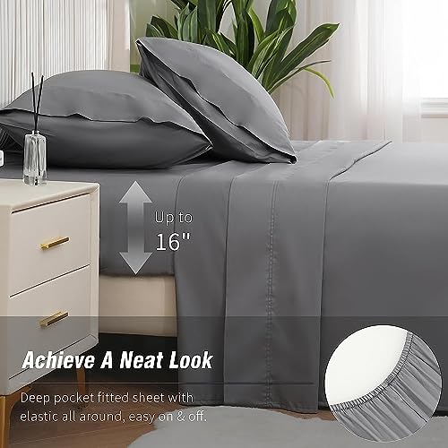 DOWNCOOL Queen Sheet Set - 100% Cotton Sheets for Queen Size Bed, 16" Deep Pocket Queen Sheets, 400 Thread Count Sateen, Silky Soft & Cooling Sheets, 4-Piece Bed Sheets Queen Size, Grey Sheets