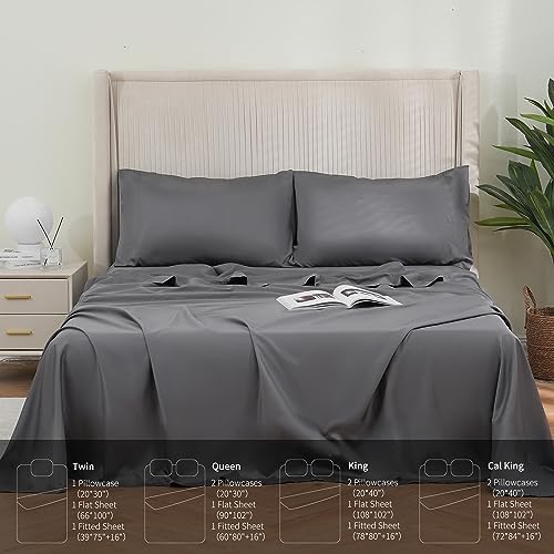 DOWNCOOL Queen Sheet Set - 100% Cotton Sheets for Queen Size Bed, 16" Deep Pocket Queen Sheets, 400 Thread Count Sateen, Silky Soft & Cooling Sheets, 4-Piece Bed Sheets Queen Size, Grey Sheets