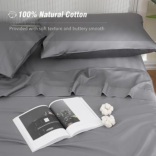 DOWNCOOL Queen Sheet Set - 100% Cotton Sheets for Queen Size Bed, 16" Deep Pocket Queen Sheets, 400 Thread Count Sateen, Silky Soft & Cooling Sheets, 4-Piece Bed Sheets Queen Size, Grey Sheets