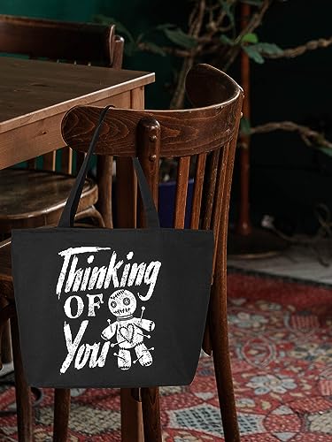 shop4ever Thinking of You Voodoo Doll Halloween Trick or Treat Heavy Canvas Tote with Zipper Reusable Shopping Bag Black ZIP 1