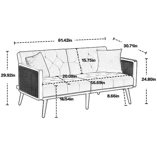 Lin-Utrend Velvet Loveseat Sofa with Rattan Armrest,61" Convertible Futon Sofa Bed,Sleeper Sofa Couch Loveseat for Small Space,Living Room,Apartment