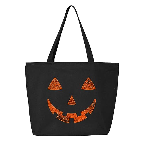 shop4ever Orange Jack O' Lantern Pumpkin Face Halloween Trick or Treat Heavy Canvas Tote with Zipper Reusable Shopping Bag Black ZIP 1