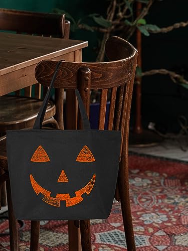 shop4ever Orange Jack O' Lantern Pumpkin Face Halloween Trick or Treat Heavy Canvas Tote with Zipper Reusable Shopping Bag Black ZIP 1