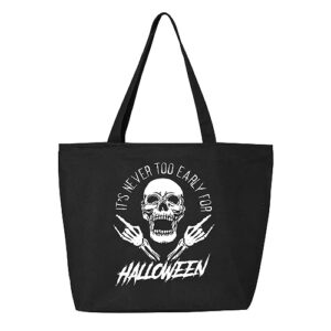 it's never too early for halloween trick or treat heavy canvas tote with zipper reusable shopping bag black zip 1