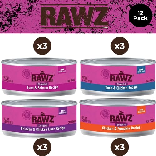 Rawz Natural Premium Canned Cat Wet Food Shredded -12 Pack Cans Variety Bundle -4 Flavors - (Tuna & Salmon, Chicken Liver, Tuna & Chicken, Chicken& Pumpkin) with Hotspot Pets Food Bowl - (5.5 oz Cans)