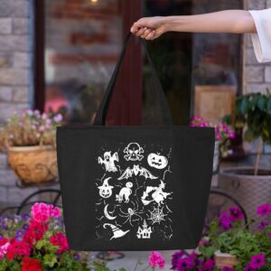 shop4ever Halloween Mash Witch Skull Pumpkin Cat Trick or Treat Heavy Canvas Tote with Zipper Reusable Shopping Bag Black ZIP 1