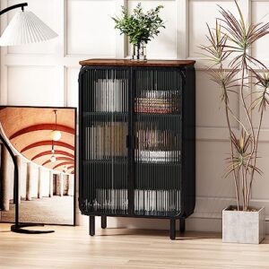voohek modern 2 fluted tempered glass doors, featuring three-tier, unique fir top, for living, dining room, black+brown storage cabinet