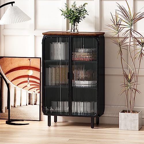 Voohek Modern 2 Fluted Tempered Glass Doors, Featuring Three-Tier, Unique Fir Top, for Living, Dining Room, Black+Brown Storage Cabinet