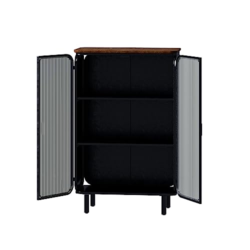 Voohek Modern 2 Fluted Tempered Glass Doors, Featuring Three-Tier, Unique Fir Top, for Living, Dining Room, Black+Brown Storage Cabinet