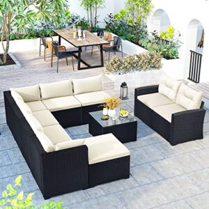 biadnbz 9 piece outdoor patio furniture set large pe wicker conversation sectional sofa with glass coffee table, chairs and ottoman, for lawn, garden, backyard, poolside, beige cushion