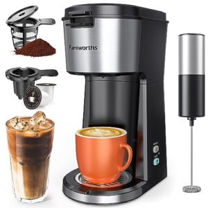 famiworths iced coffee maker with milk frother, hot and cold single serve coffee maker for k cup pod and ground, compact coffee machine 2 in 1 with descaling reminder and self cleaning