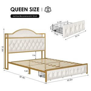 HITHOS Queen Size Bed Frame with 2 Drawers and Storage Headboard, Button Tufted Modern Upholstered Platform Bed with Charging Station, No Box Spring Needed, 51.6" Tall Headboard, Off White