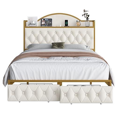 HITHOS Full Size Bed Frame with 2 Drawers and Storage Headboard, Button Tufted Modern Upholstered Platform Bed with Charging Station, No Box Spring Needed, 51.6" Tall Headboard, Off White