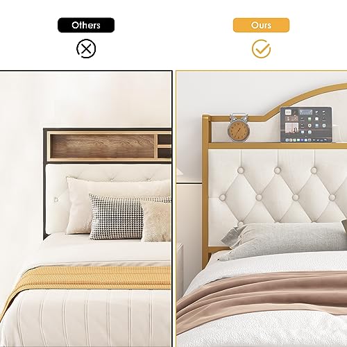 HITHOS Full Size Bed Frame with 2 Drawers and Storage Headboard, Button Tufted Modern Upholstered Platform Bed with Charging Station, No Box Spring Needed, 51.6" Tall Headboard, Off White