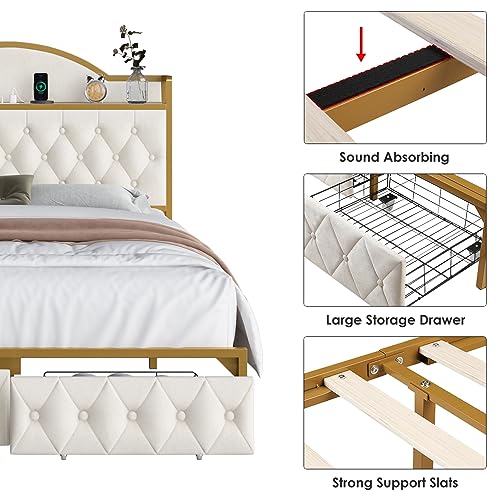 HITHOS Full Size Bed Frame with 2 Drawers and Storage Headboard, Button Tufted Modern Upholstered Platform Bed with Charging Station, No Box Spring Needed, 51.6" Tall Headboard, Off White