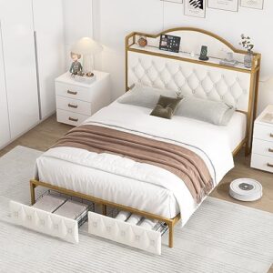 HITHOS Full Size Bed Frame with 2 Drawers and Storage Headboard, Button Tufted Modern Upholstered Platform Bed with Charging Station, No Box Spring Needed, 51.6" Tall Headboard, Off White