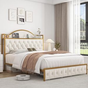 HITHOS Full Size Bed Frame with 2 Drawers and Storage Headboard, Button Tufted Modern Upholstered Platform Bed with Charging Station, No Box Spring Needed, 51.6" Tall Headboard, Off White