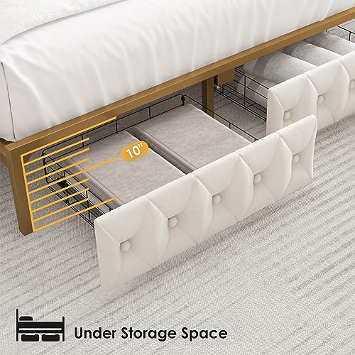 HITHOS Full Size Bed Frame with 2 Drawers and Storage Headboard, Button Tufted Modern Upholstered Platform Bed with Charging Station, No Box Spring Needed, 51.6" Tall Headboard, Off White