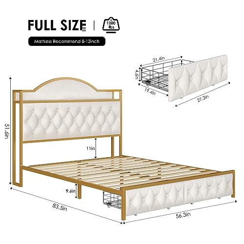 HITHOS Full Size Bed Frame with 2 Drawers and Storage Headboard, Button Tufted Modern Upholstered Platform Bed with Charging Station, No Box Spring Needed, 51.6" Tall Headboard, Off White