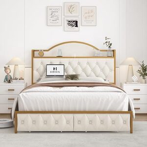 HITHOS Full Size Bed Frame with 2 Drawers and Storage Headboard, Button Tufted Modern Upholstered Platform Bed with Charging Station, No Box Spring Needed, 51.6" Tall Headboard, Off White