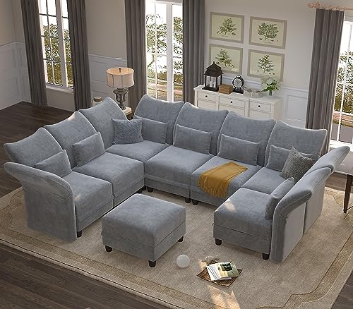 LLappuil Chenille Large Sectional Sofa 8 Seats U Shaped Modular Sofa with Storage Chaise, Adjustable Backrest, Modular Sectional Couches Sleeper for Living Room, Grey